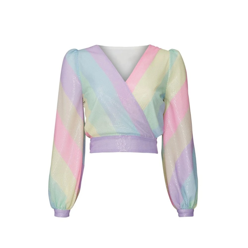 Olivia Rubin Kendall Sequin Wrap Style Top Multicolor Stripe Long Sleeves V-Neck